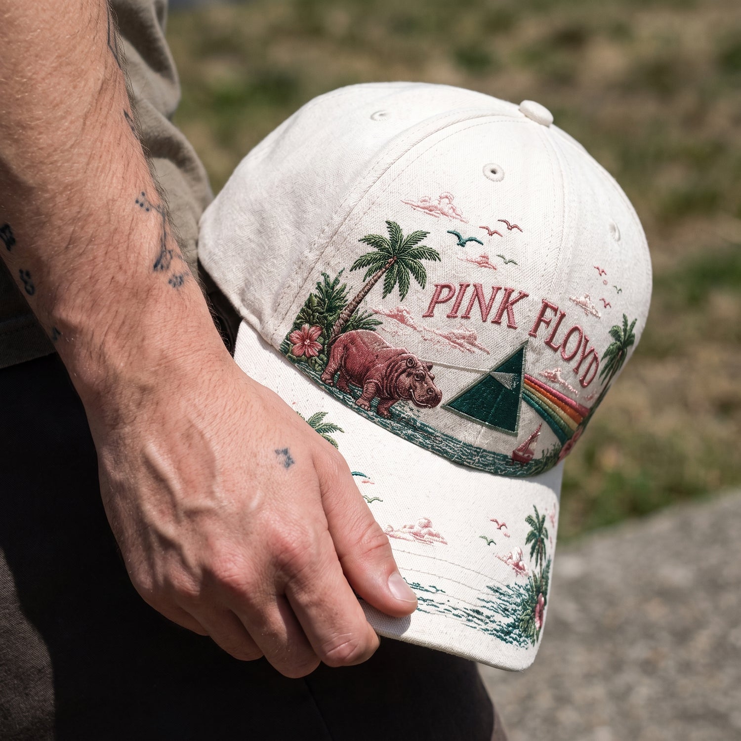 Pink Floyd Prism Rainbow Tropical Embroidered Denim Cap