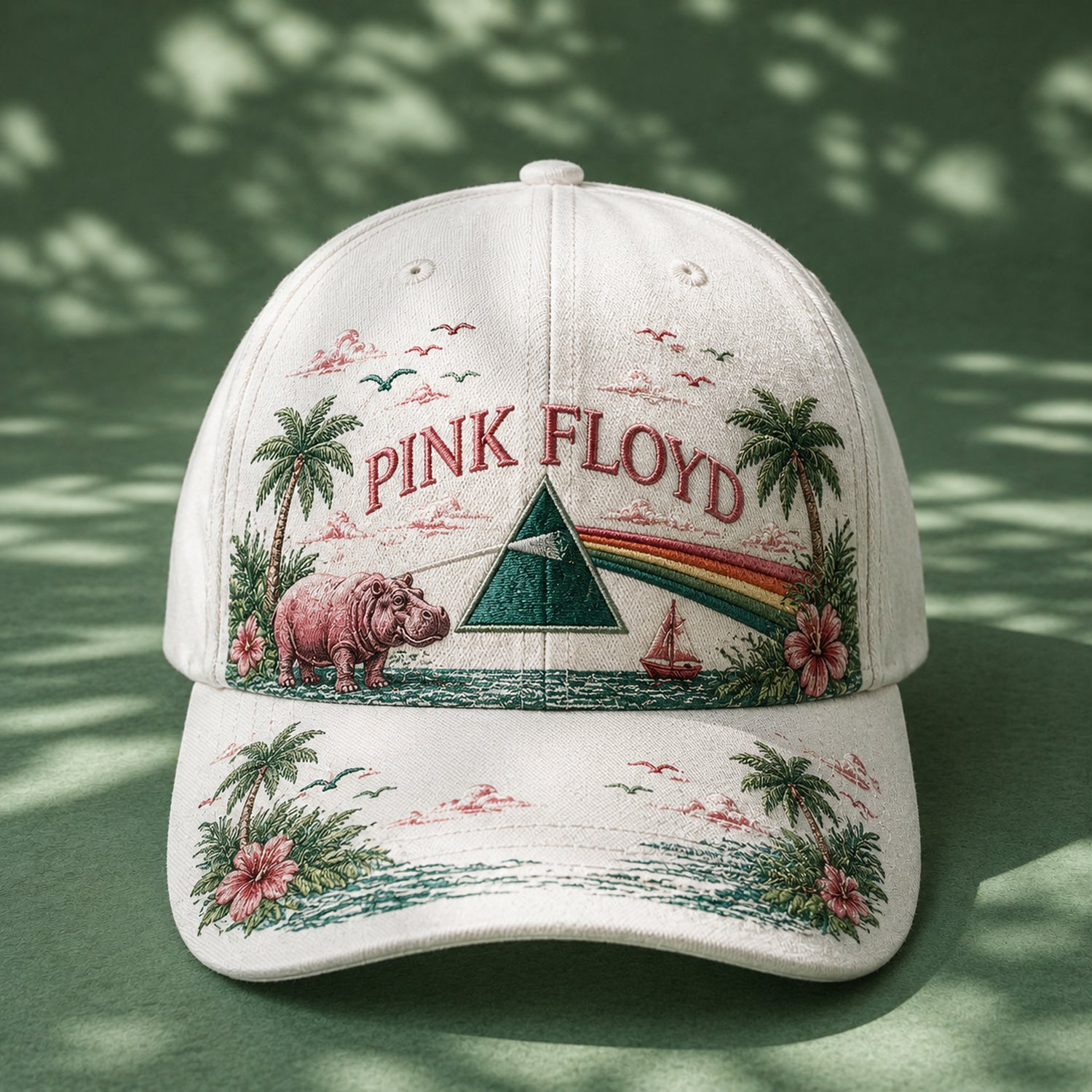 Pink Floyd Prism Rainbow Tropical Embroidered Denim Cap