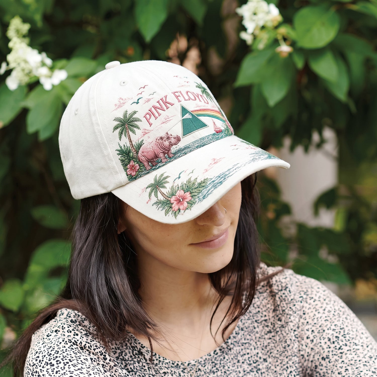 Pink Floyd Prism Rainbow Tropical Embroidered Denim Cap
