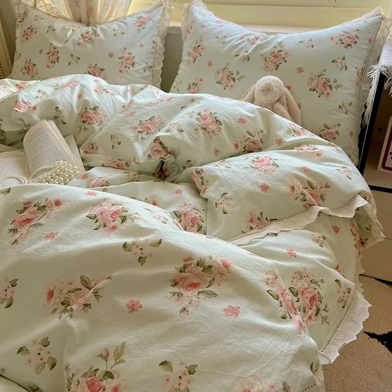 Washed Cotton Duvet Cover Sets Single/Queen/king Flower Printed Bedding Set Princess Style e housse de couette 220x240 with Lace