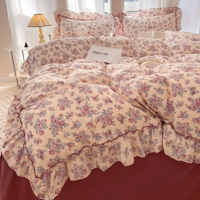 INS Girls Bedding Sets 2025 New Korea Style Floral Bed Sheets Set Duvet Cover Set With Pillowcases Quilt Cover