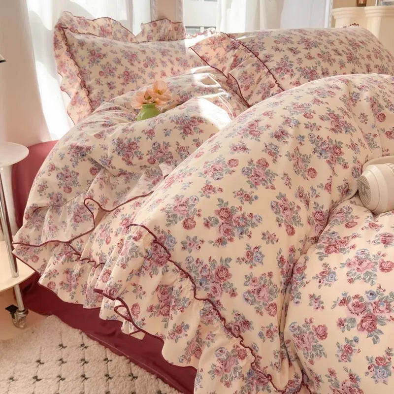 INS Girls Bedding Sets 2025 New Korea Style Floral Bed Sheets Set Duvet Cover Set With Pillowcases Quilt Cover
